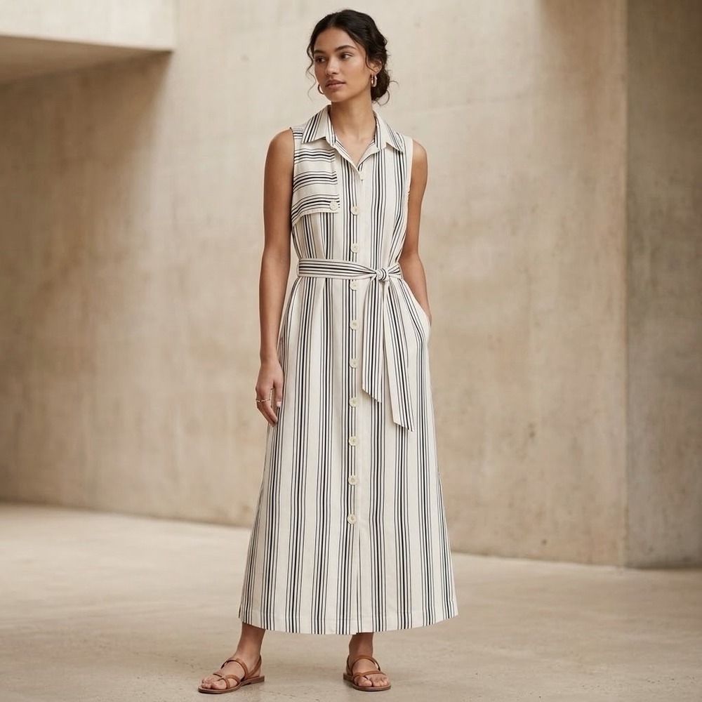 Maeve Anthropologie Dress NWT 0 Trench Style Black Ivory Pinstripe Maxi